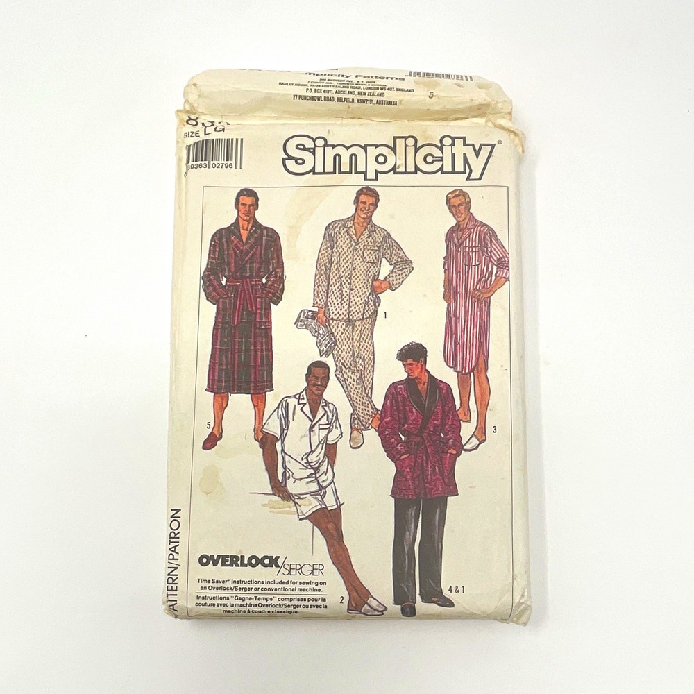 Simplicity 8323 Vintage Men Robe Pajamas Sewing Pattern Size LG Overlock Serger
